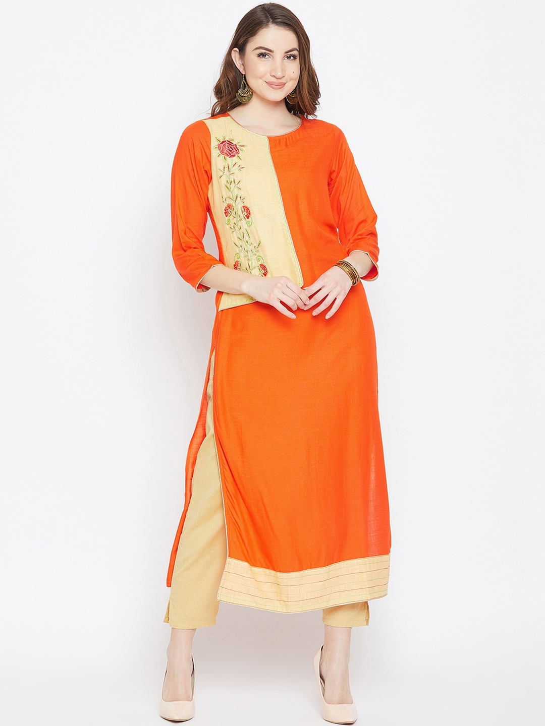 

AgrohA Women Orange Floral Embroidered Thread Work Kurta