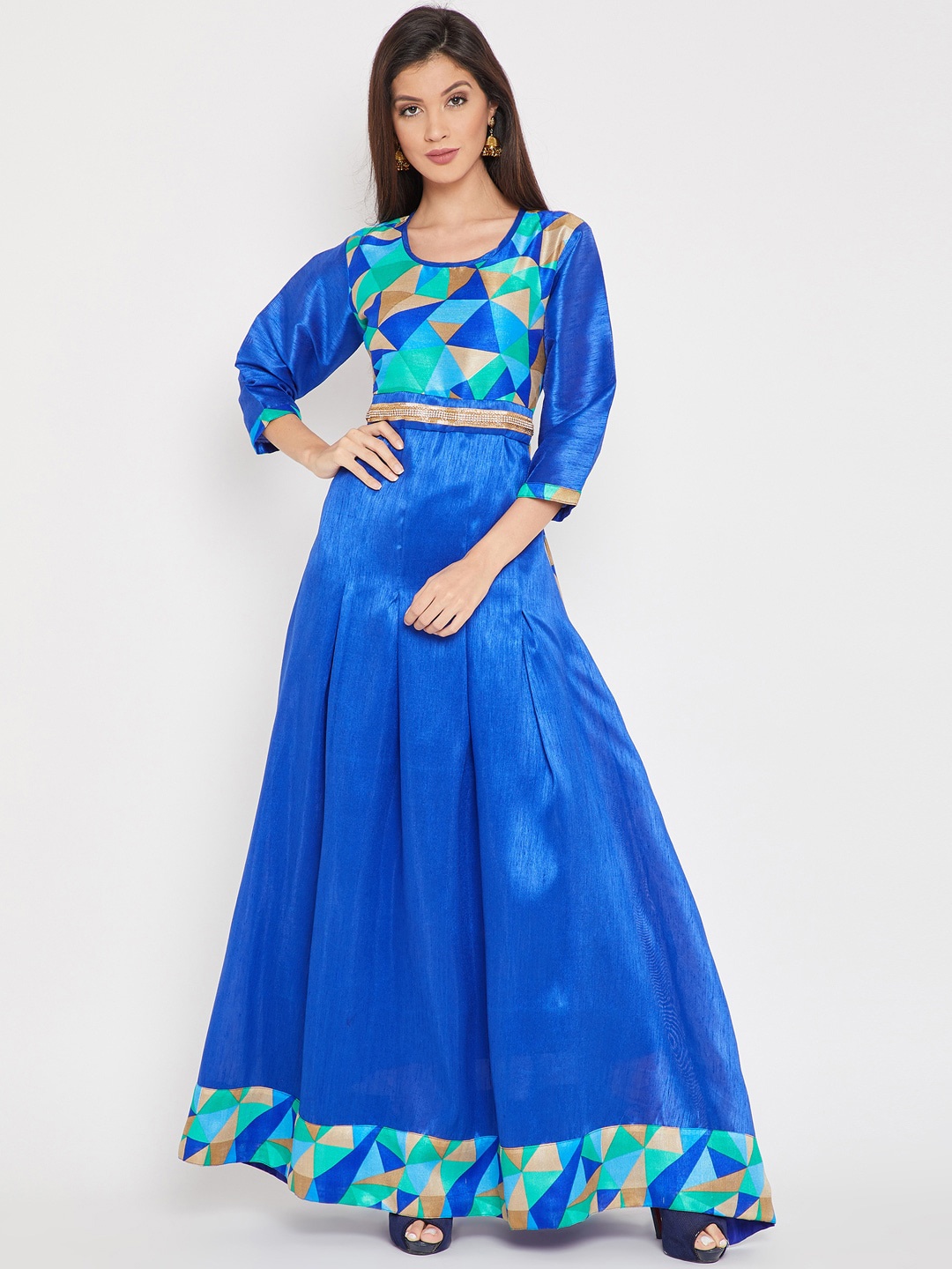 

AgrohA Women Blue & Gold-Toned Printed Anarkali Kurta