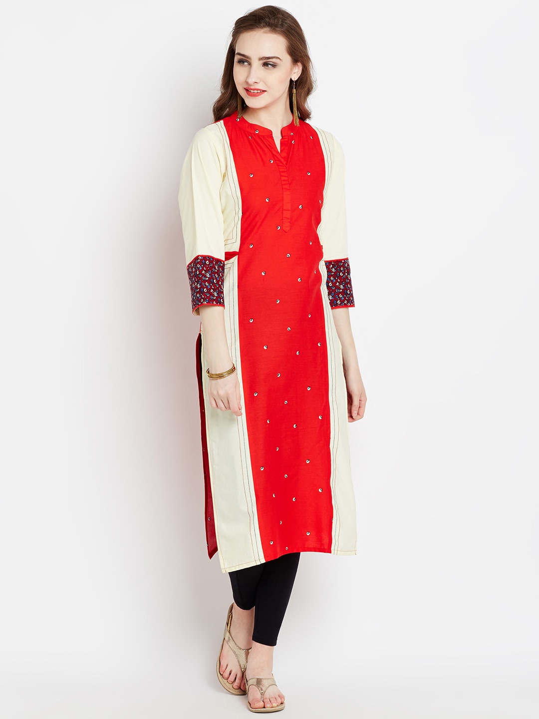 

AgrohA Women Red & Off White Colourblocked Mirror Work Kurta