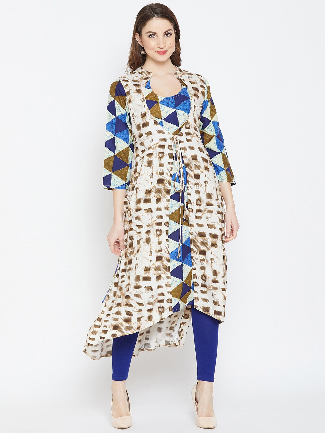 

AgrohA Women Off White & Blue Printed Anarkali Kurta
