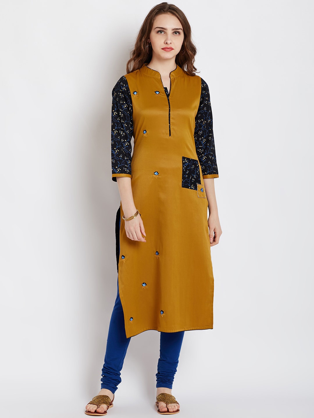 

AgrohA Women Mustard Yellow & Black Floral Embroidered Thread Work Kurta