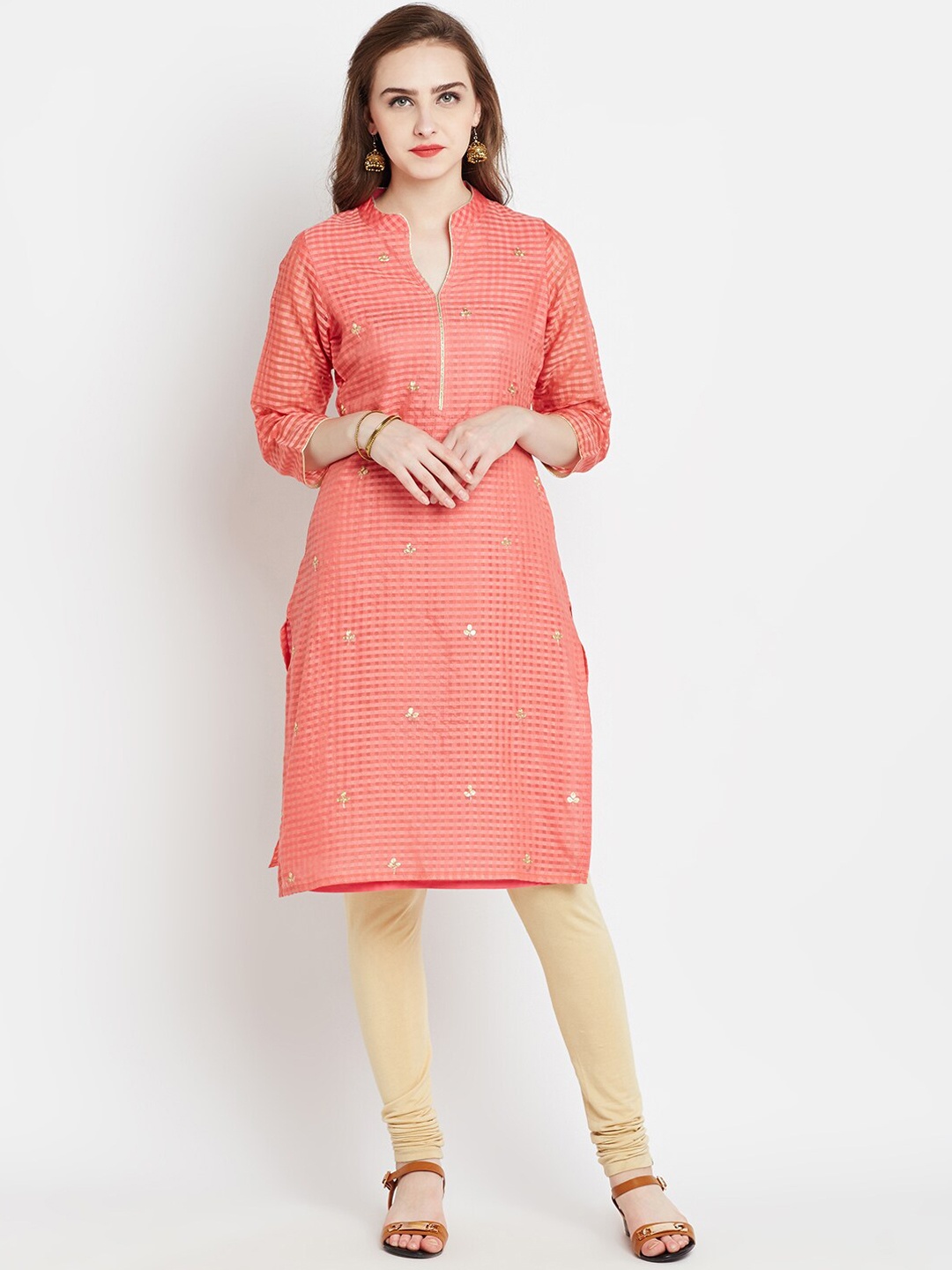 

AgrohA Women Pink Checked Thread Work Kurta