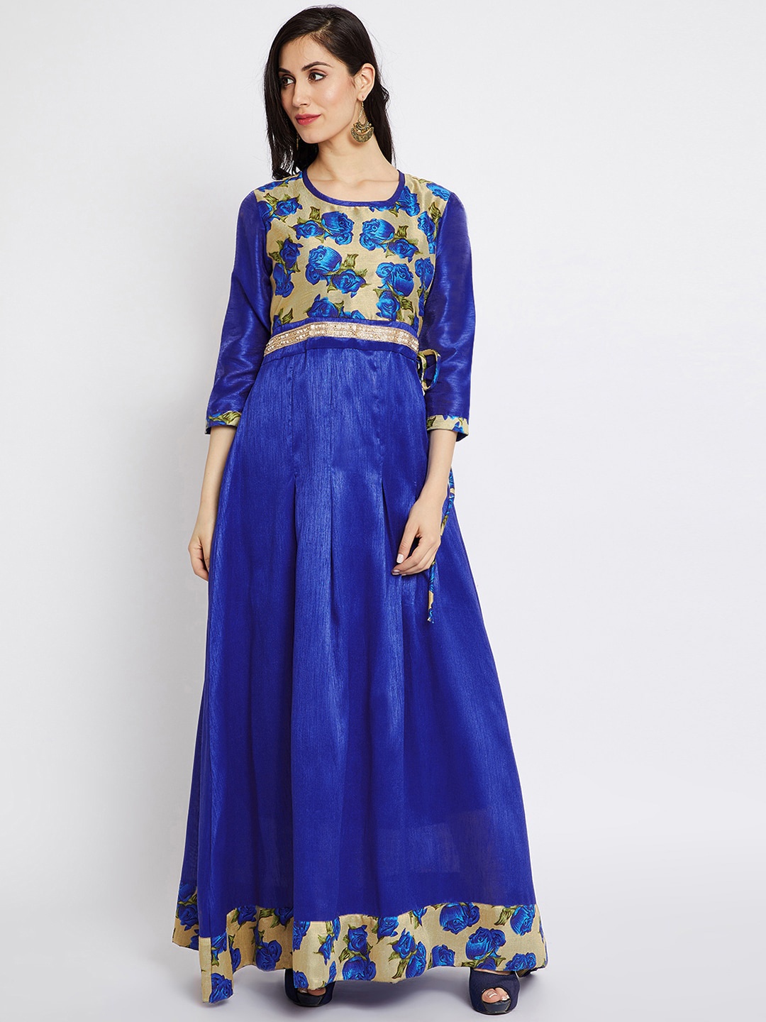 

AgrohA Women Blue & Yellow Floral Printed Gotta Patti Floral Anarkali Kurta