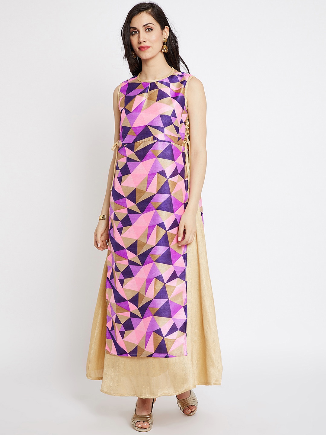 

AgrohA Women Purple & Beige Geometric Printed Keyhole Neck Kurta