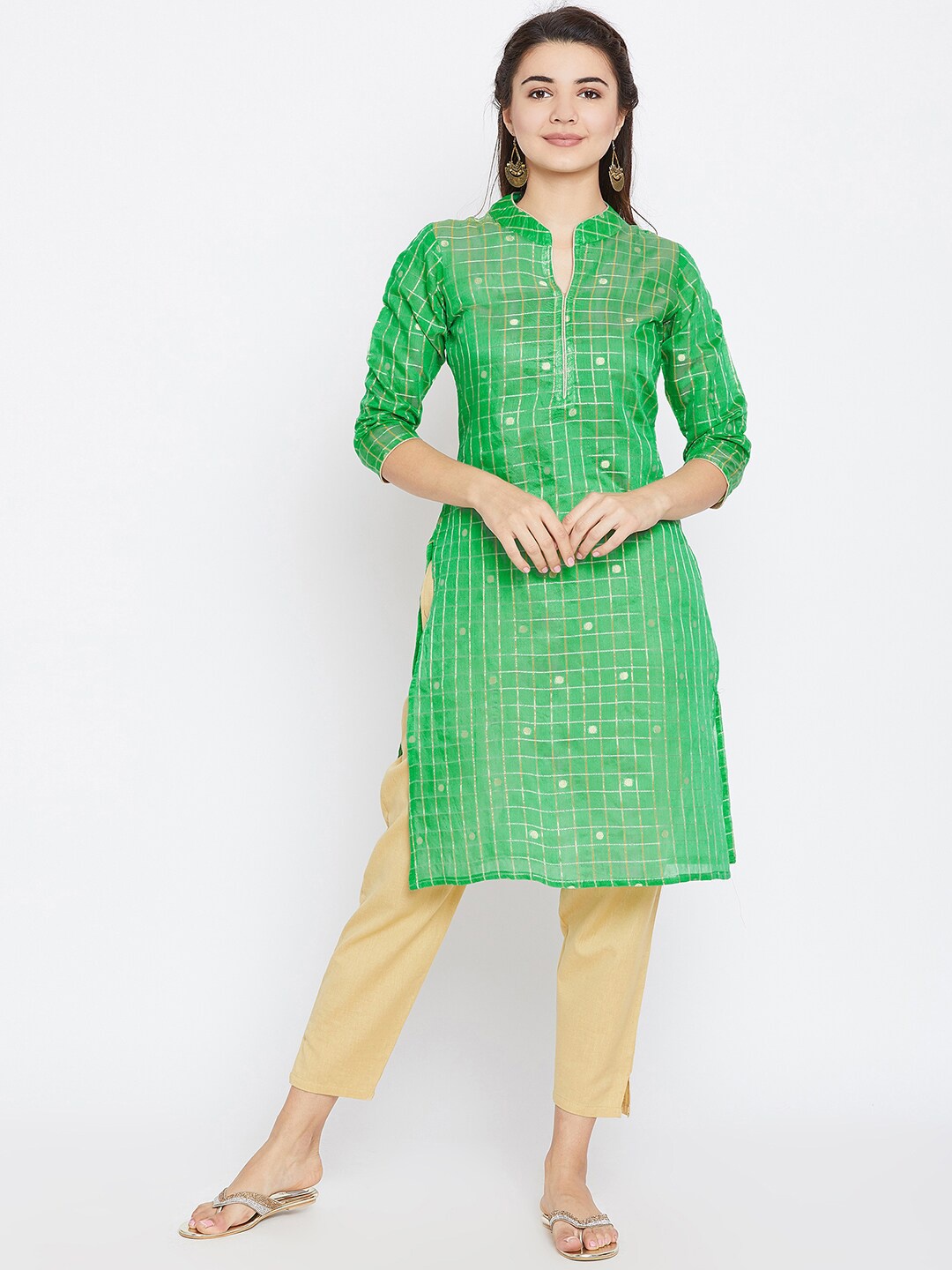 

AgrohA Women Green & Gold-Toned Checked Kurta