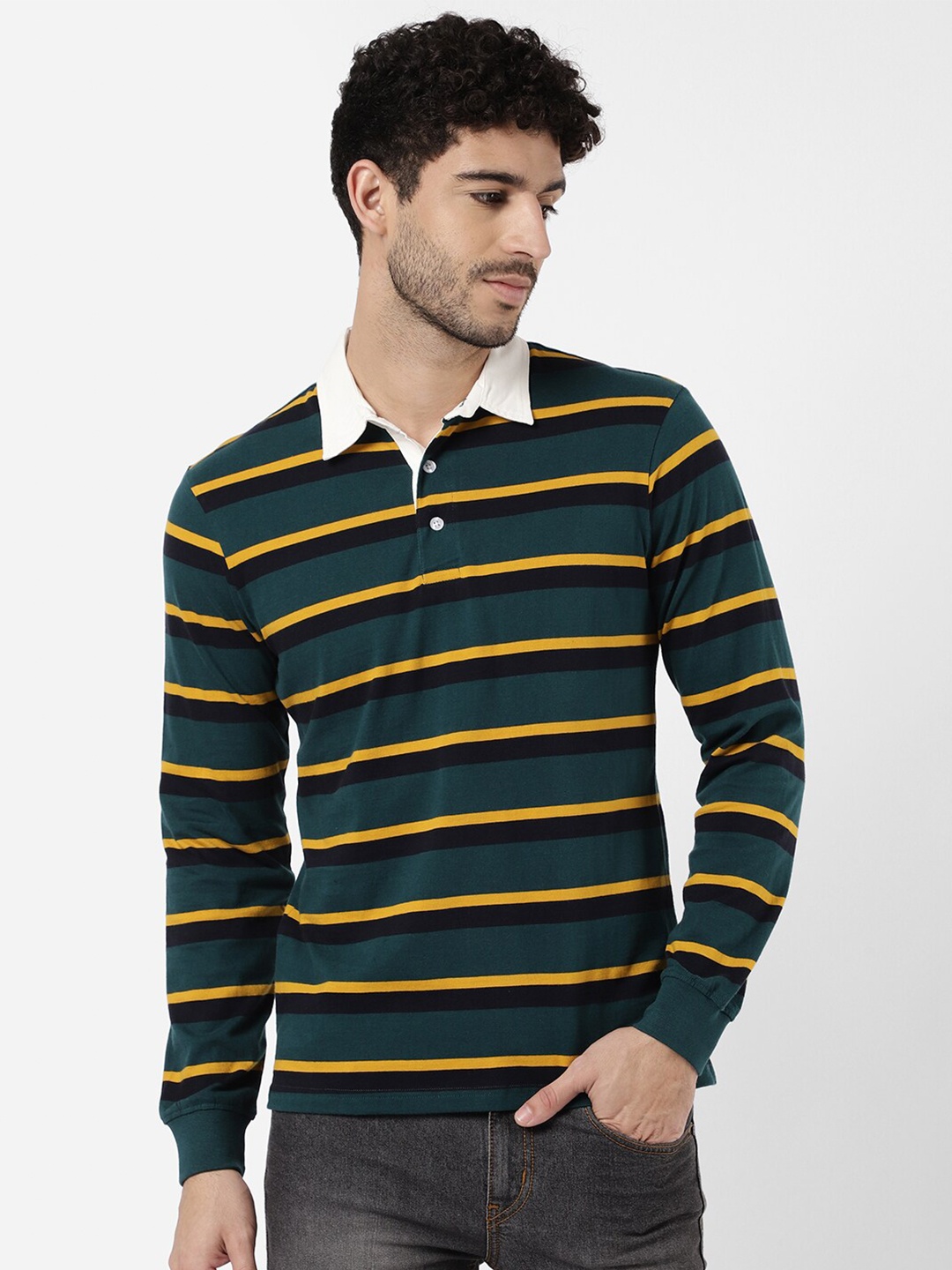 

R&B Men Green & Yellow Striped Polo Collar Cotton T-shirt