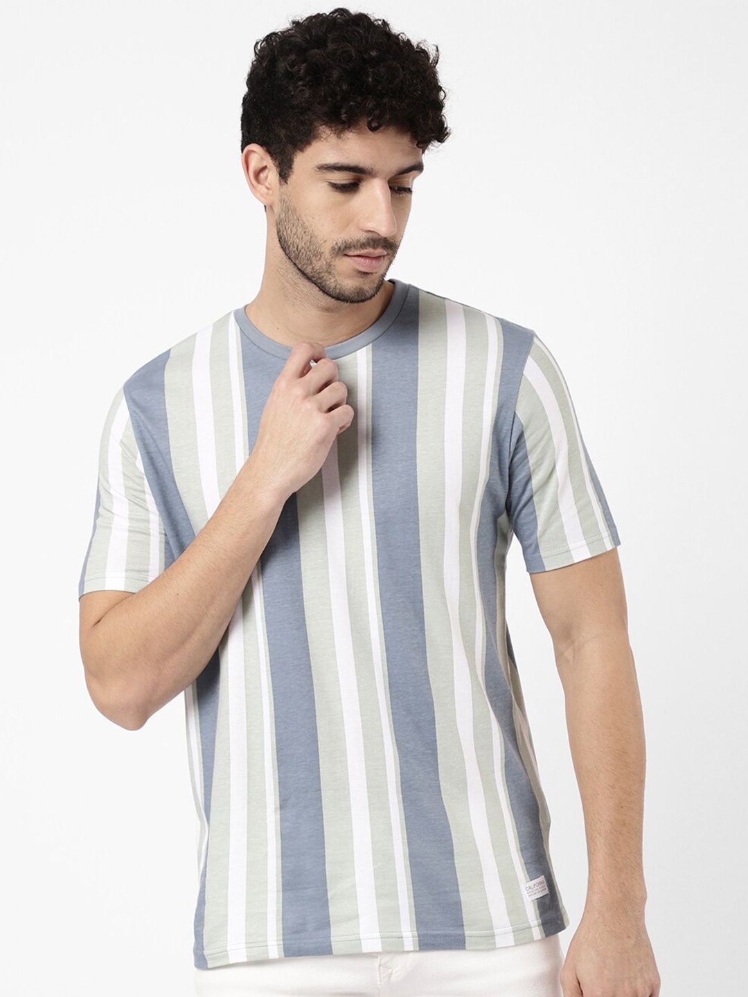 

R&B Men White & Blue Striped Cotton T-shirt