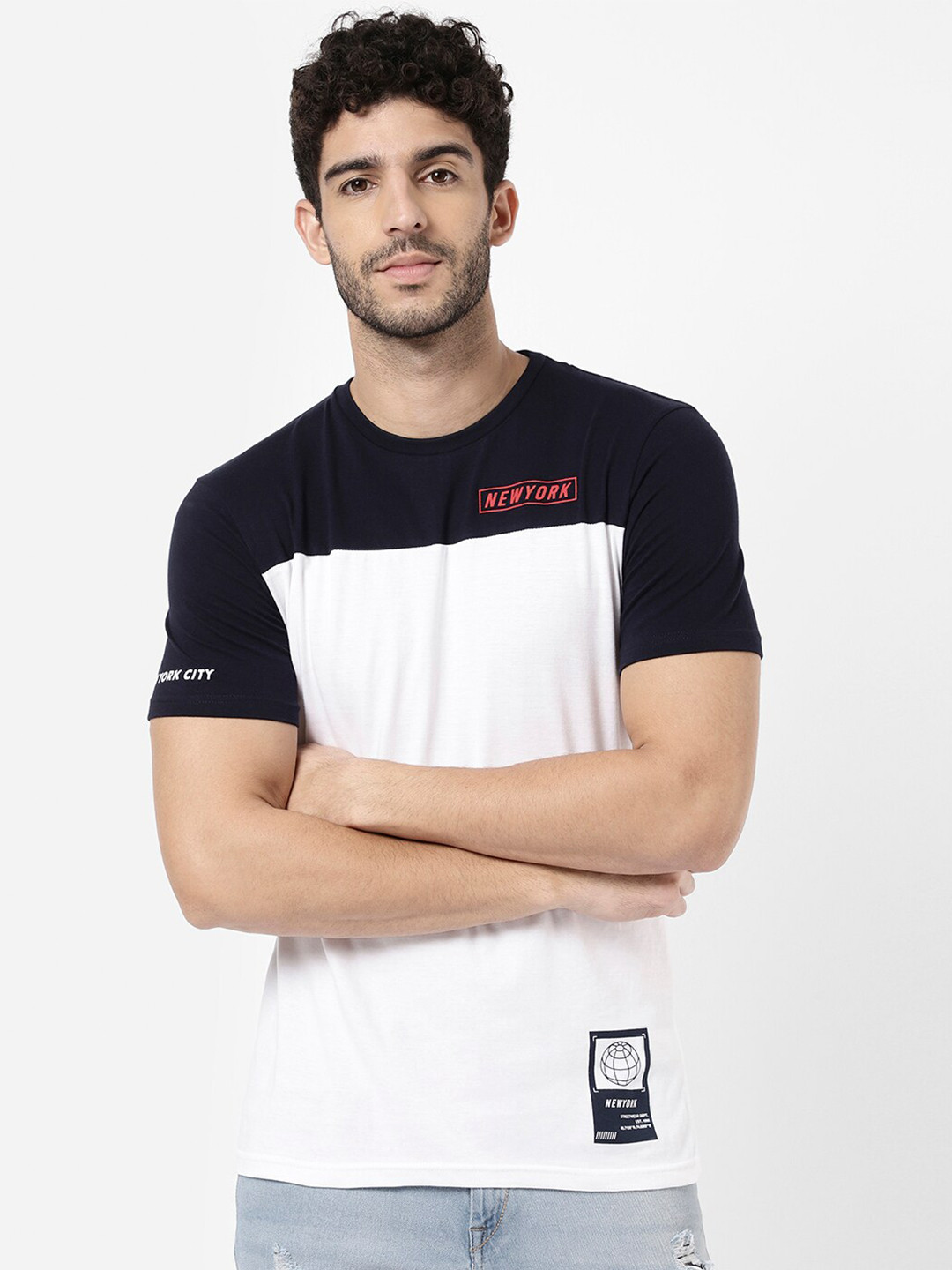 

R&B Men Navy Blue & White Colourblocked Cotton T-shirt