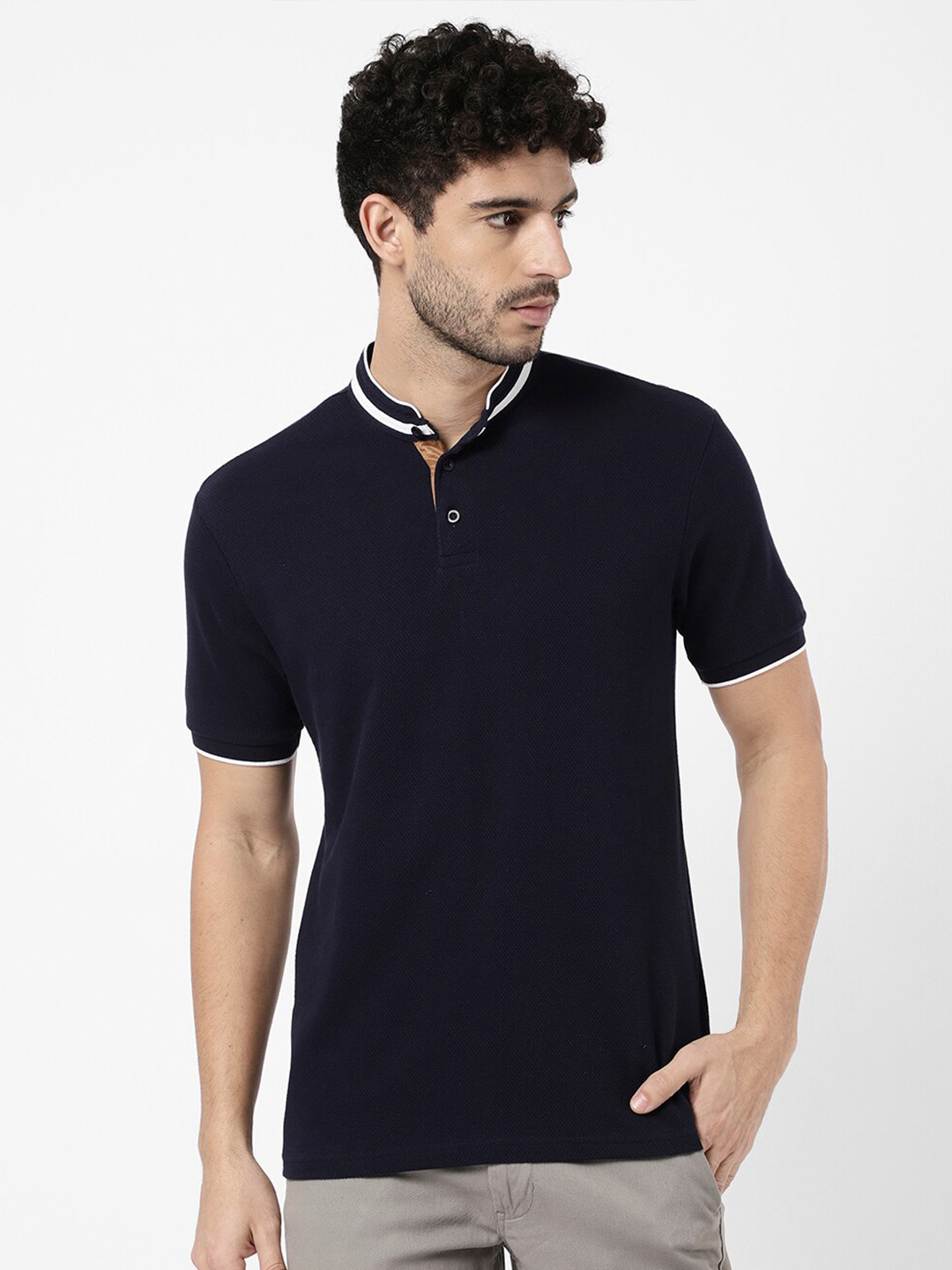 

R&B Men Navy Blue Mandarin Collar Cotton T-shirt