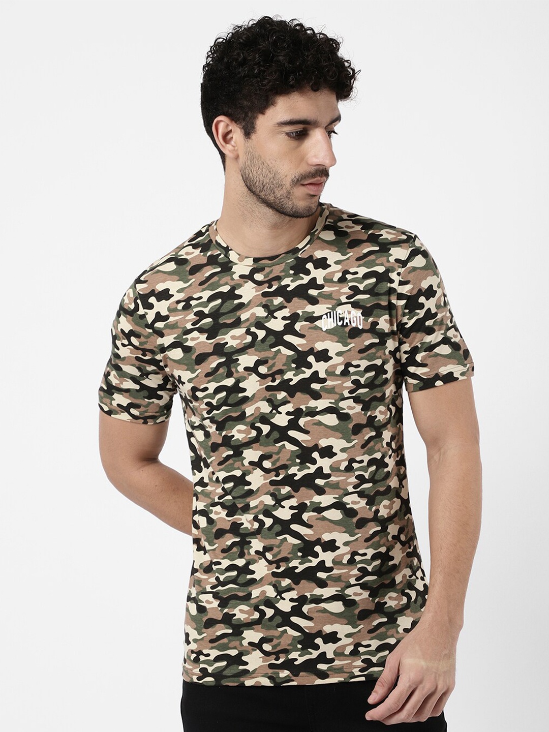 

R&B Men Olive Green & Green Camouflage Printed Cotton T-shirt