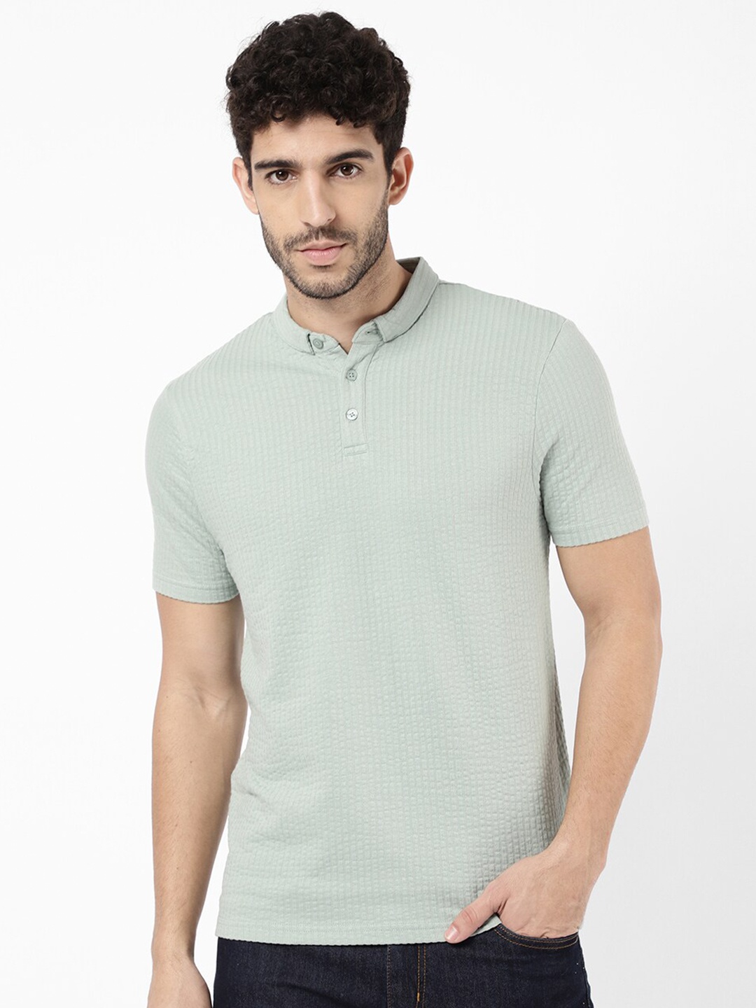 

R&B Men Green Polo Collar Cotton T-shirt