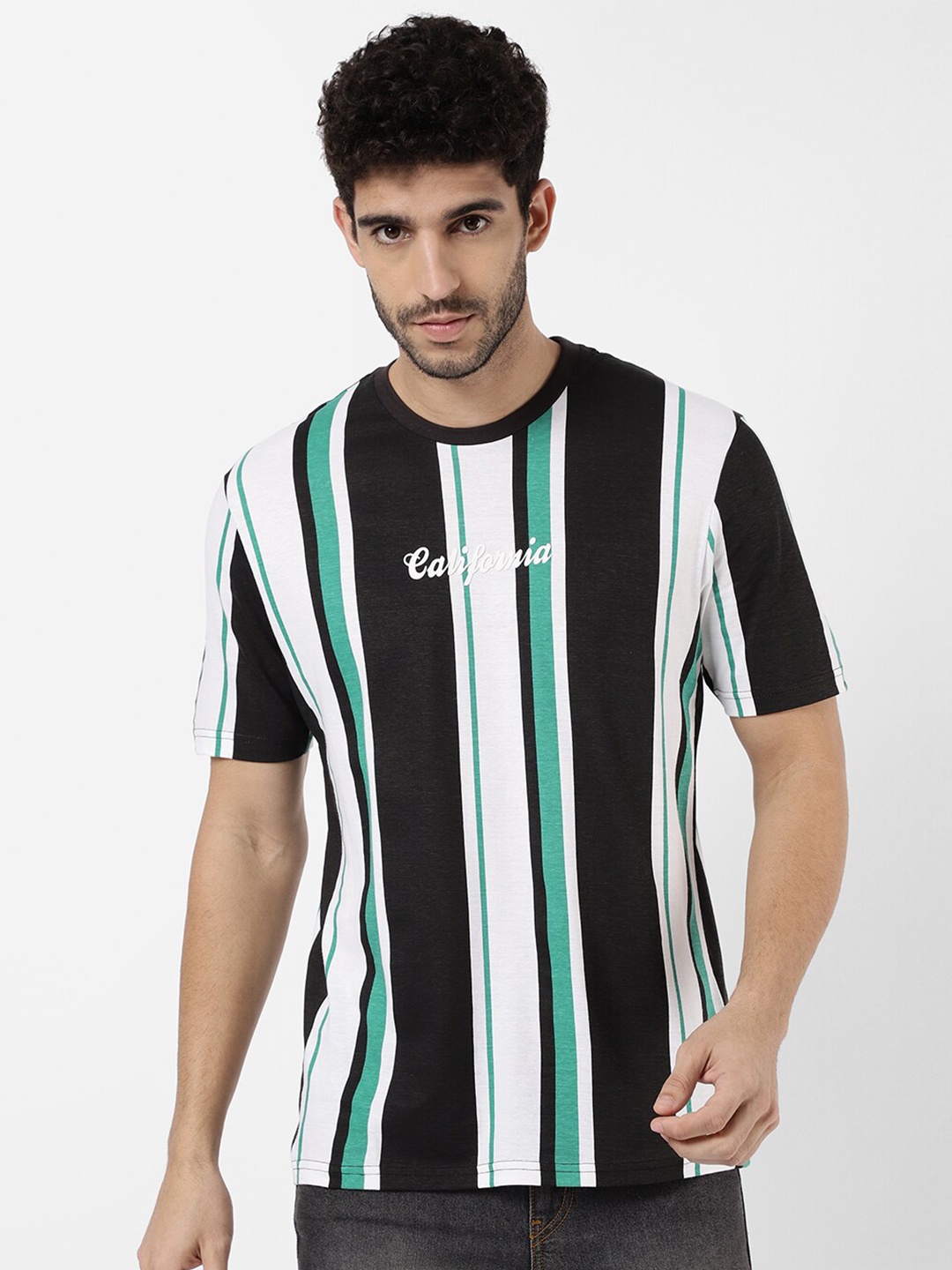

R&B Men White & Black Striped Cotton T-shirt