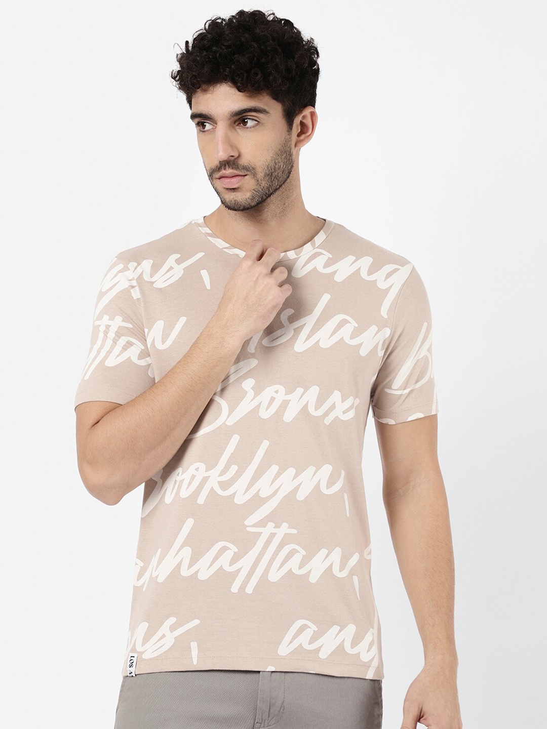 

R&B Men Beige Typography Printed Cotton T-shirt