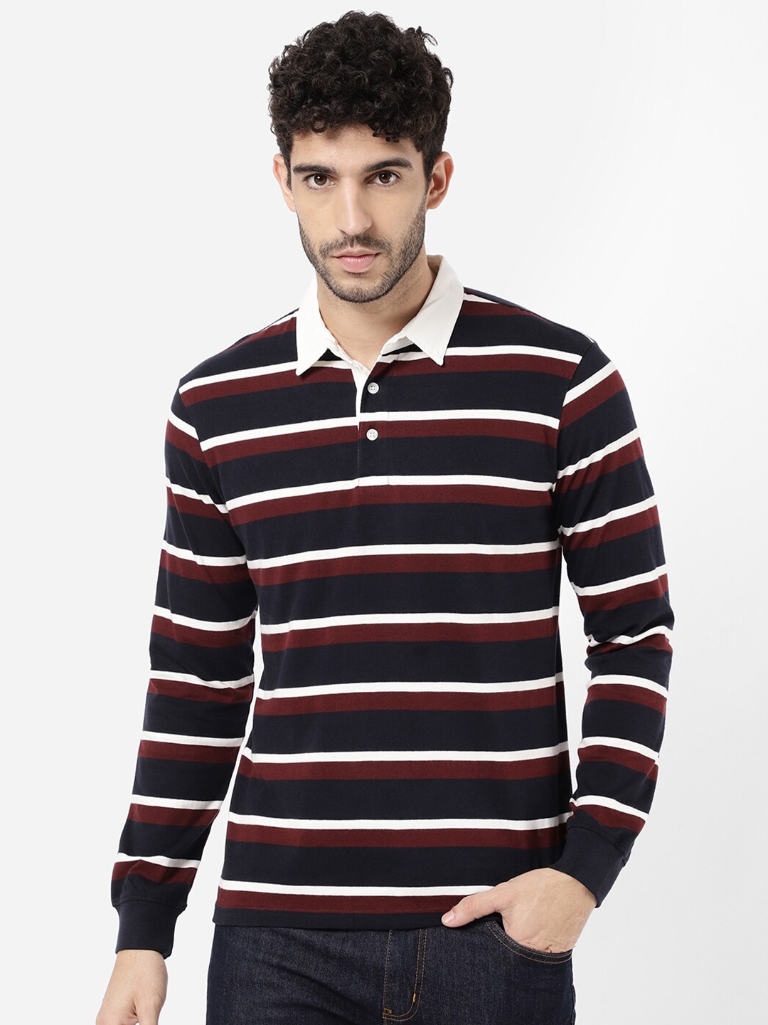 

R&B Men Navy Blue & Red Striped Polo Collar Cotton T-shirt
