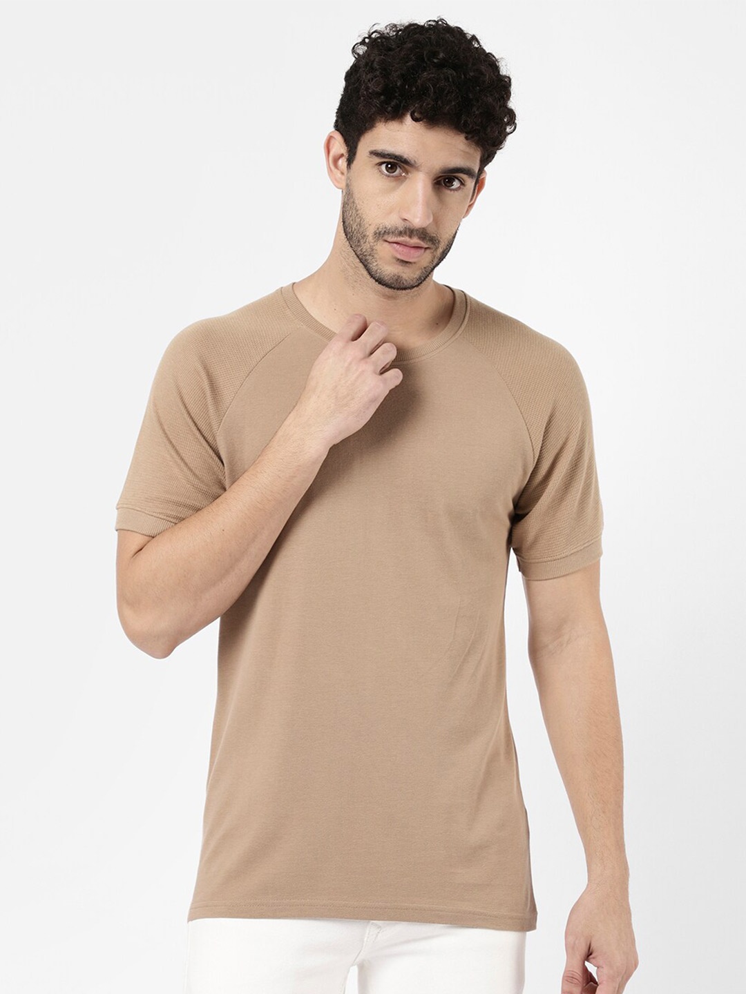 

R&B Men Beige Cotton T-shirt