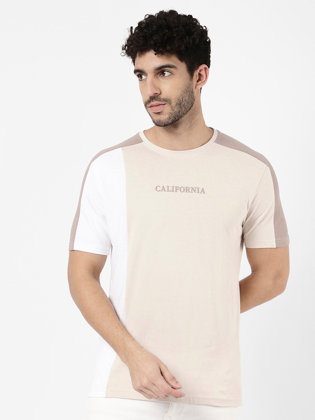 

R&B Men Beige & Cream-Coloured Typography Cotton T-shirt