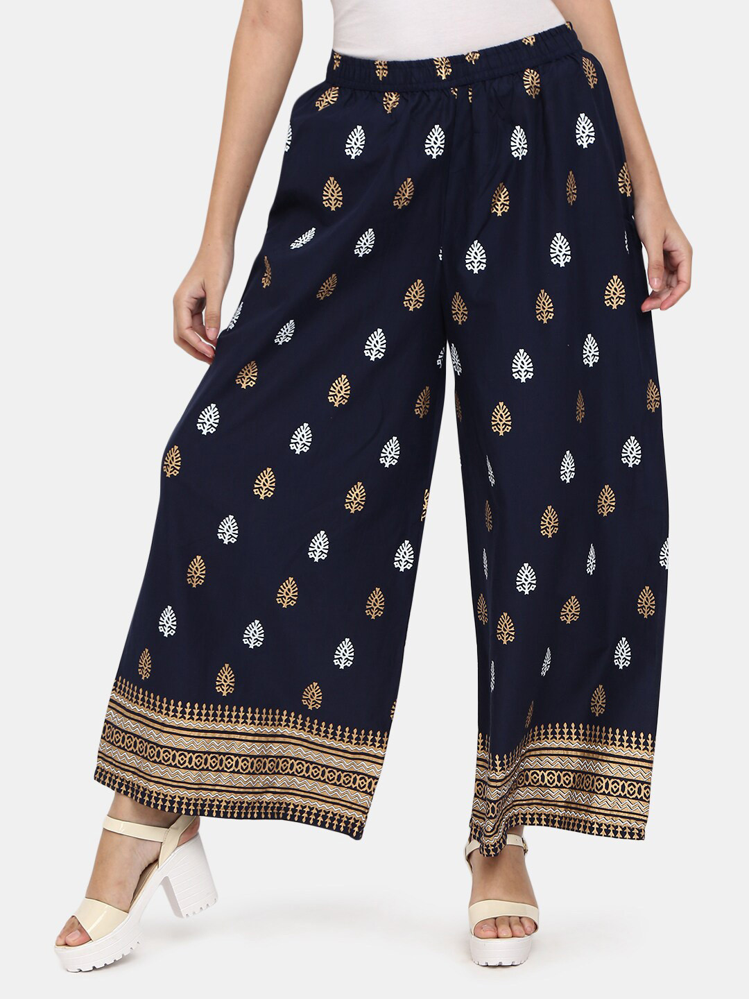 

V-Mart Women Navy Blue & Beige Ethnic Motifs Printed Flared Ethnic Palazzos