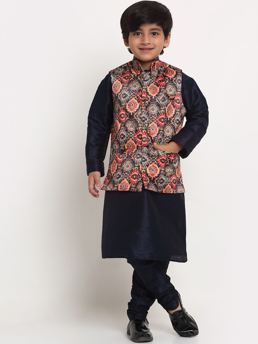 

Benstoke Boys Navy Blue Ethnic Motifs Printed Kurta & Churidar With Printed Nehrujacket