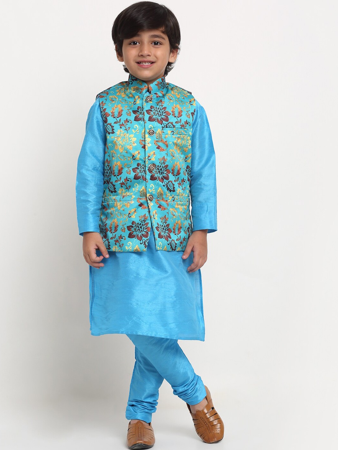 

Benstoke Boys Blue Kurta with Churidar & Sea Green Printed Nehrujacket