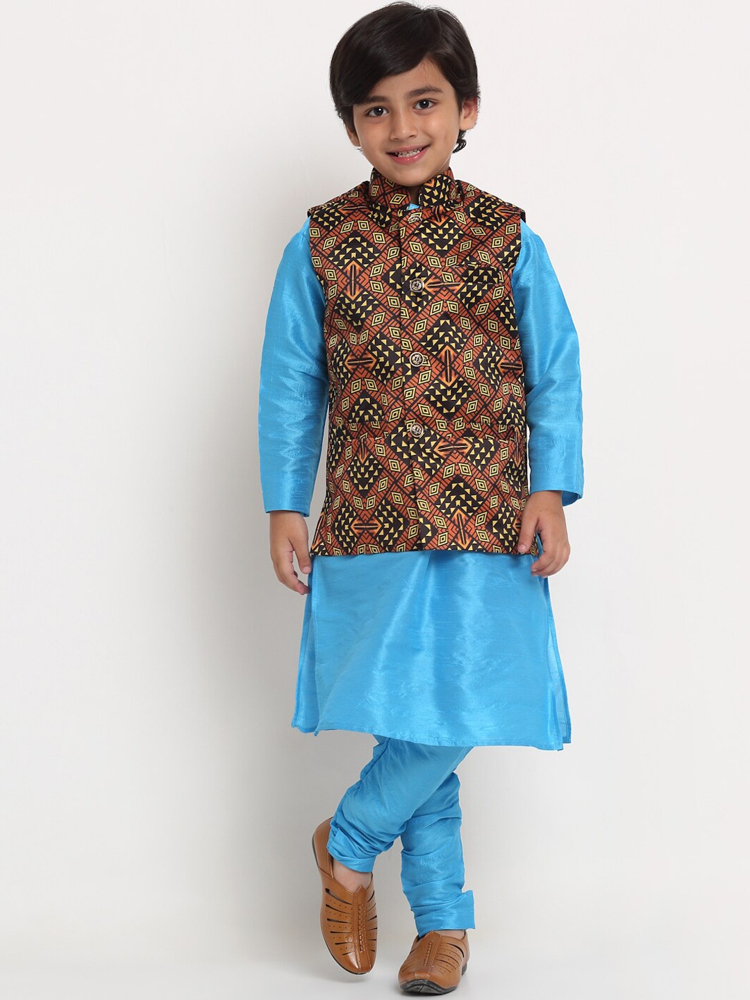

Benstoke Boys Blue Solid Silk Blend Straight Kurta with Churidar & Nehru jacket