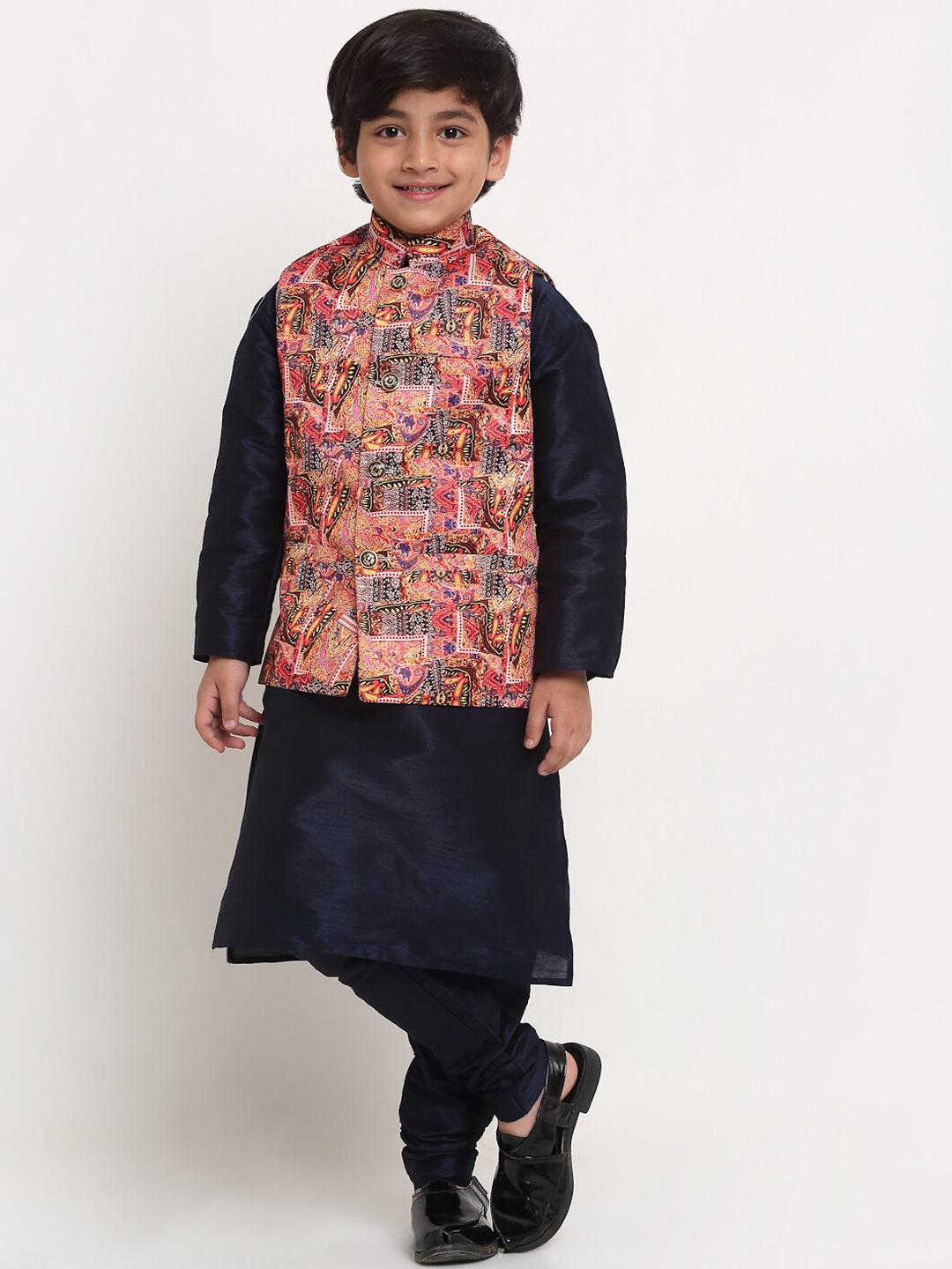 

Benstoke Boys Navy Blue Kurta with Churidar & Pink Printed Nehrujacket