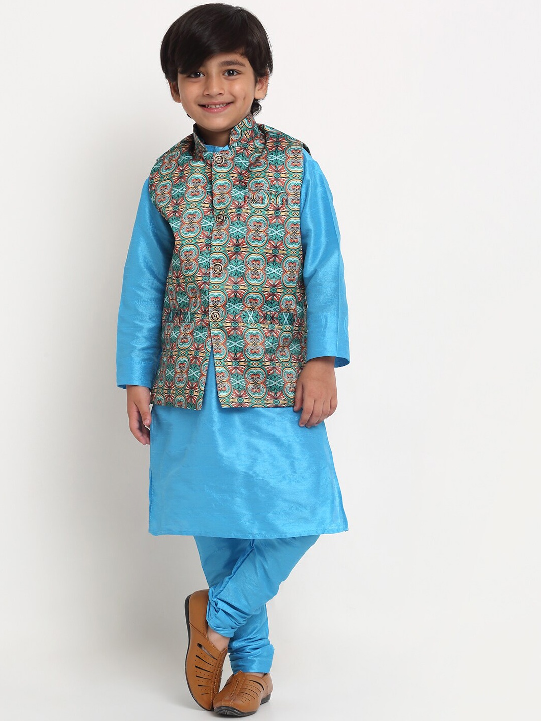 

Benstoke Boys Blue Ethnic Motifs Printed Kurta with Churidar