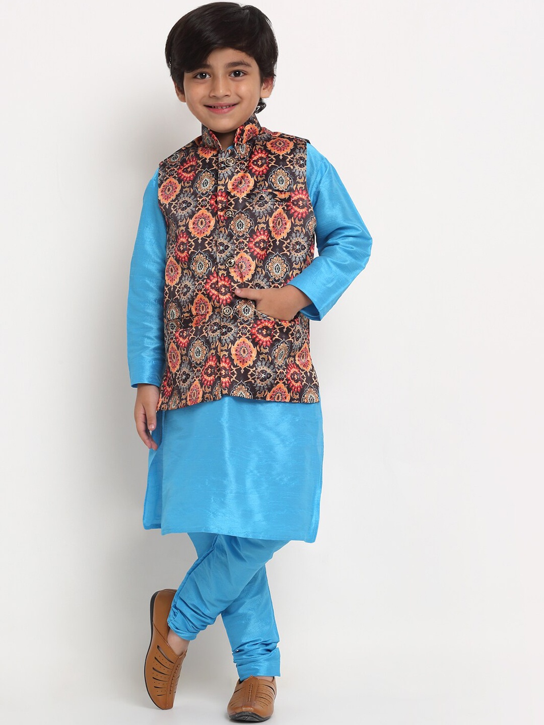 

Benstoke Boys Blue And Black Solid Kurta With Churidar And Printed Nehru Jacket