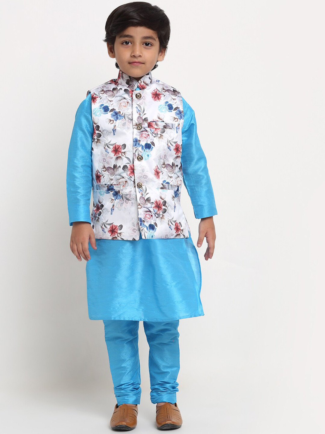 

Benstoke Boys Blue Solid Silk Blend Kurta with Churidar & White Printed Nehru jacket