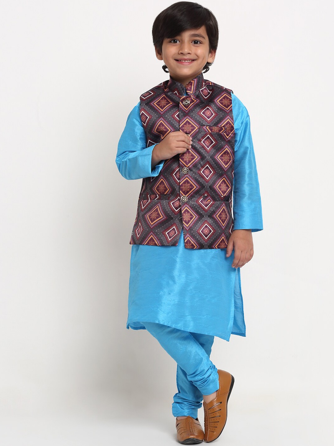 

Benstoke Boys Blue Kurta with Pyjama With Printed Nehru jacket