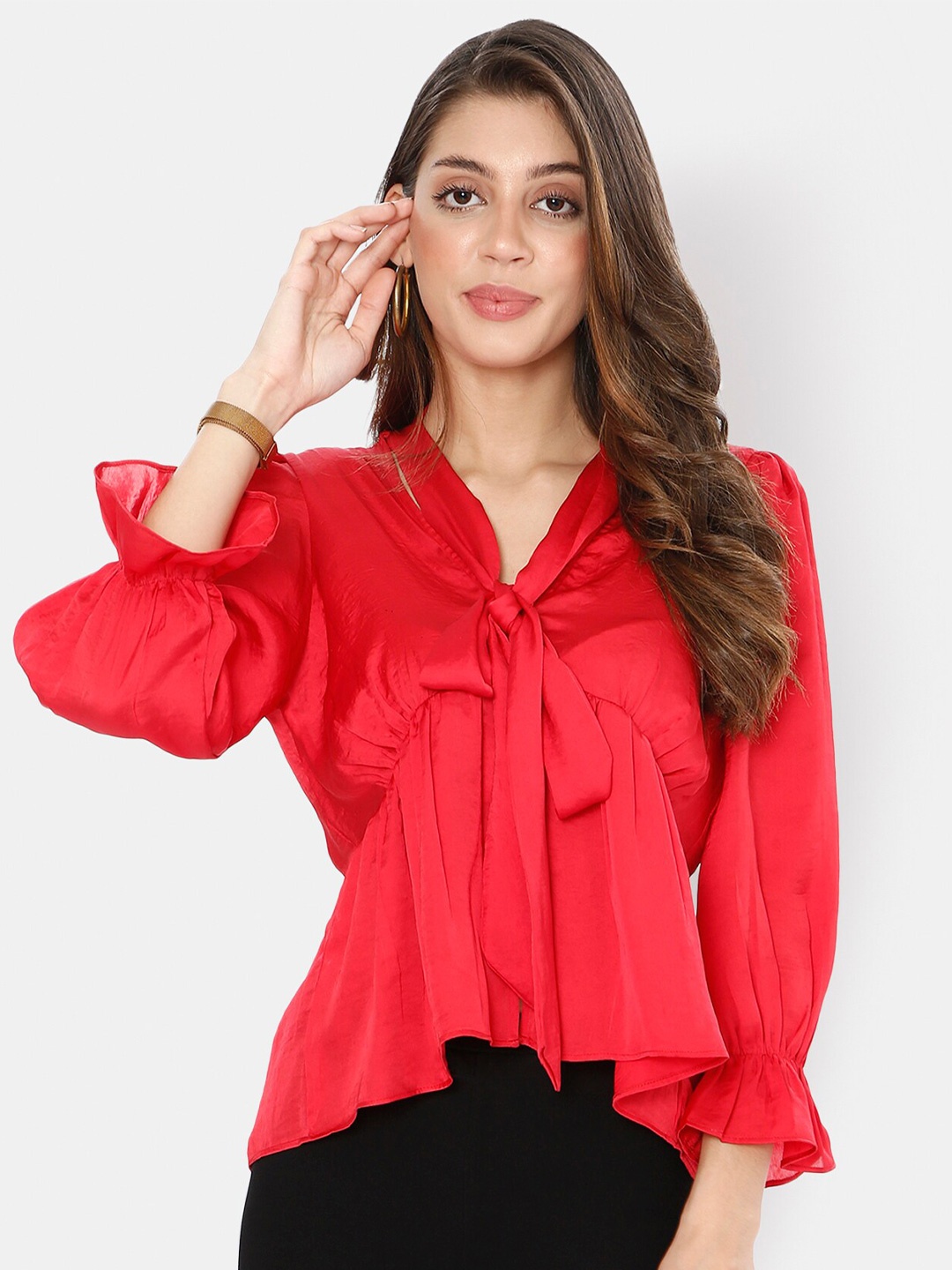 

I Love She Women Red Tie-Up Neck Satin Top