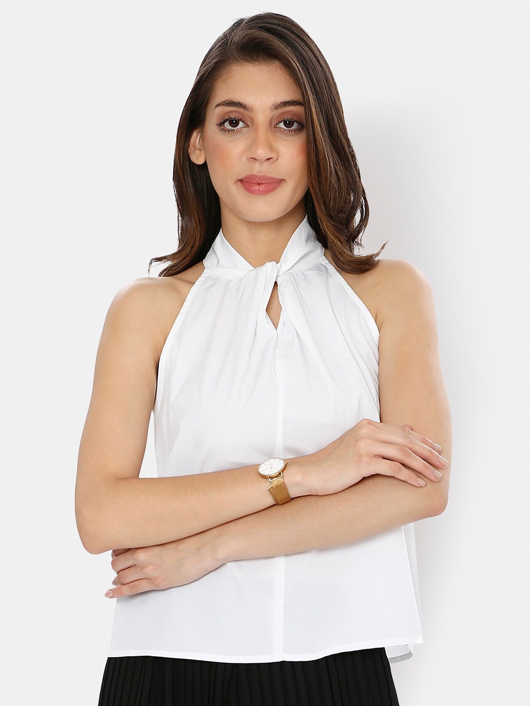 

I Love She Women White Tie-Up Neck Crepe Top