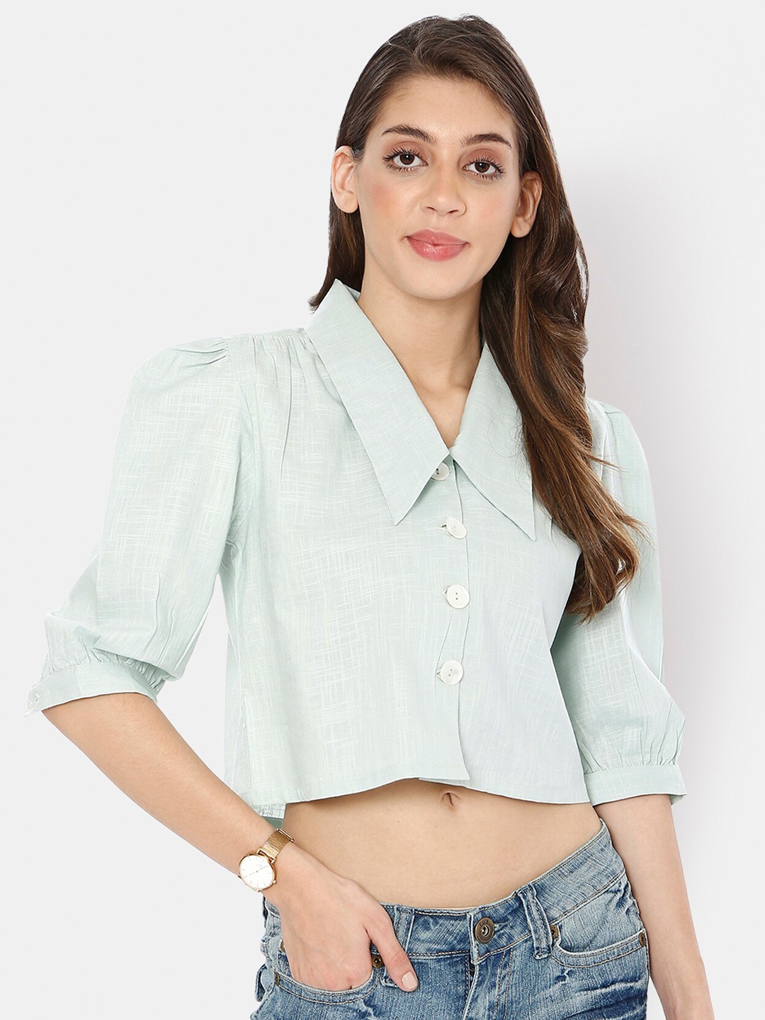 

I Love She Women Green Shirt Style Crop Top