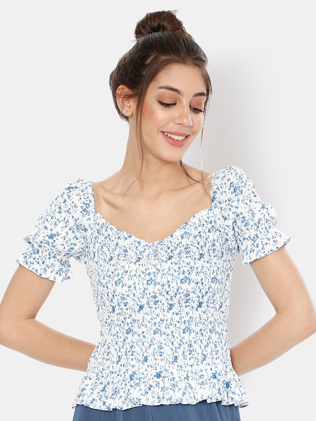 

I Love She Women Blue Floral Print Sweetheart Neck Top