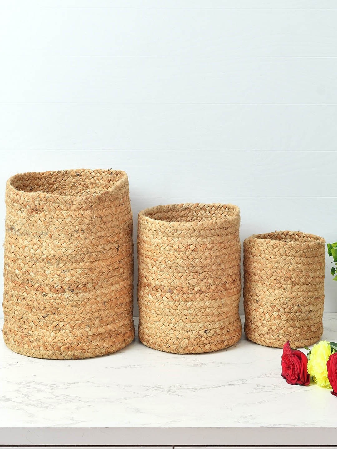 

Homefab India Set Of 3 Brown Braided Jute Planter Baskets, Beige