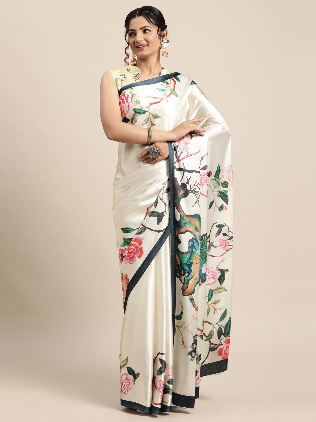 

Saree mall Cream-Coloured and Pink Floral Printed Crepe Saree