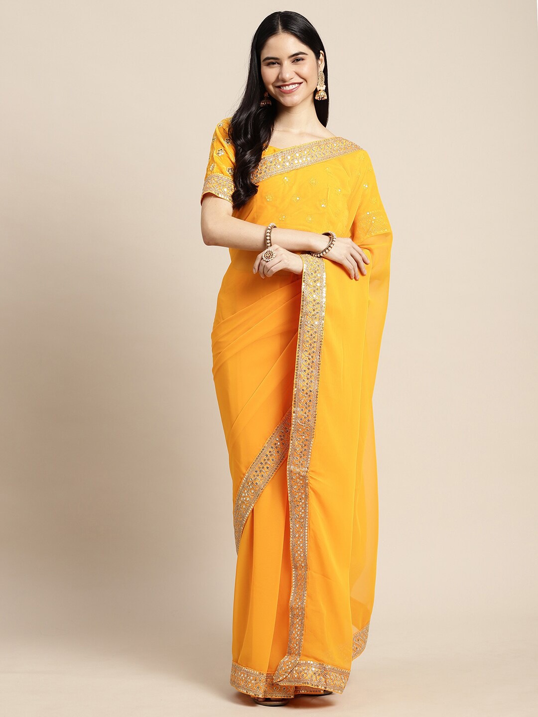 

Saree mall Yellow and Gold-Toned Embellished Sarees