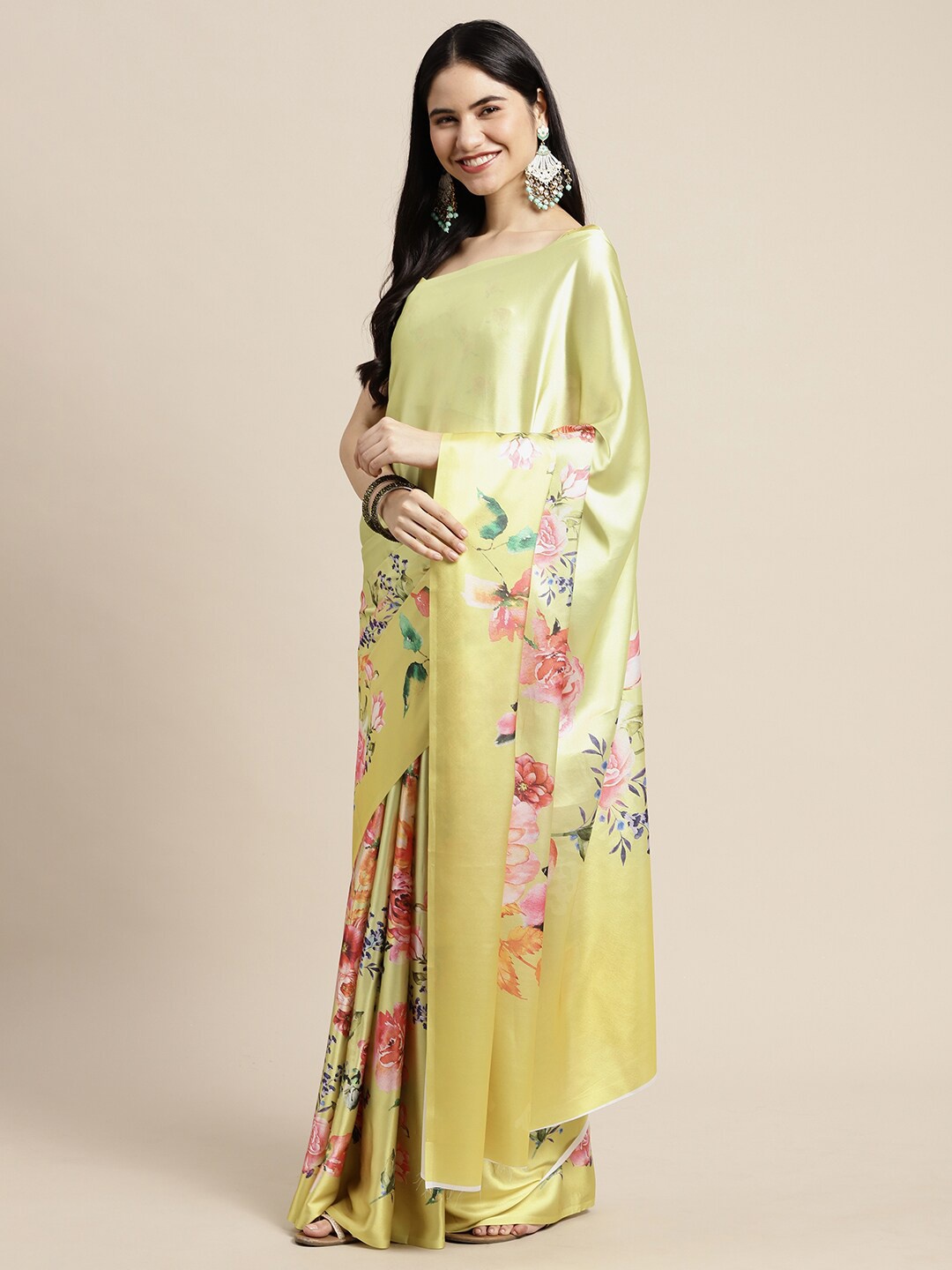 

Saree mall Yellow & Pink Floral Printed Crepe Sarees