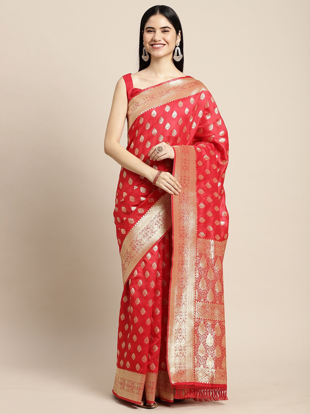 

Saree mall Red & Gold-Toned Floral Silk Blend Banarasi Sarees