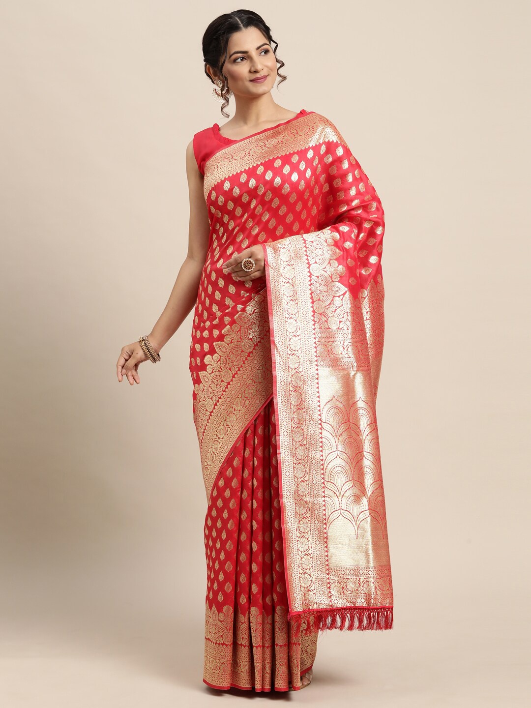 

Saree mall Red & Gold-Toned Ethnic Motifs Zari Silk Blend Banarasi Sarees