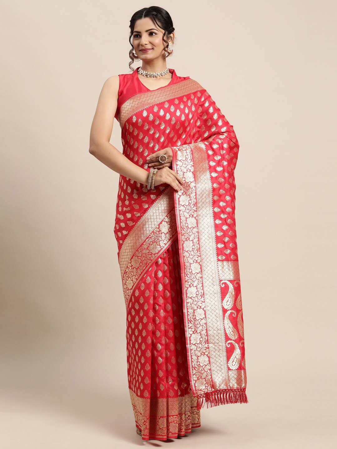 

Saree mall Red & Gold-Toned Floral Zari Silk Blend Banarasi Sarees