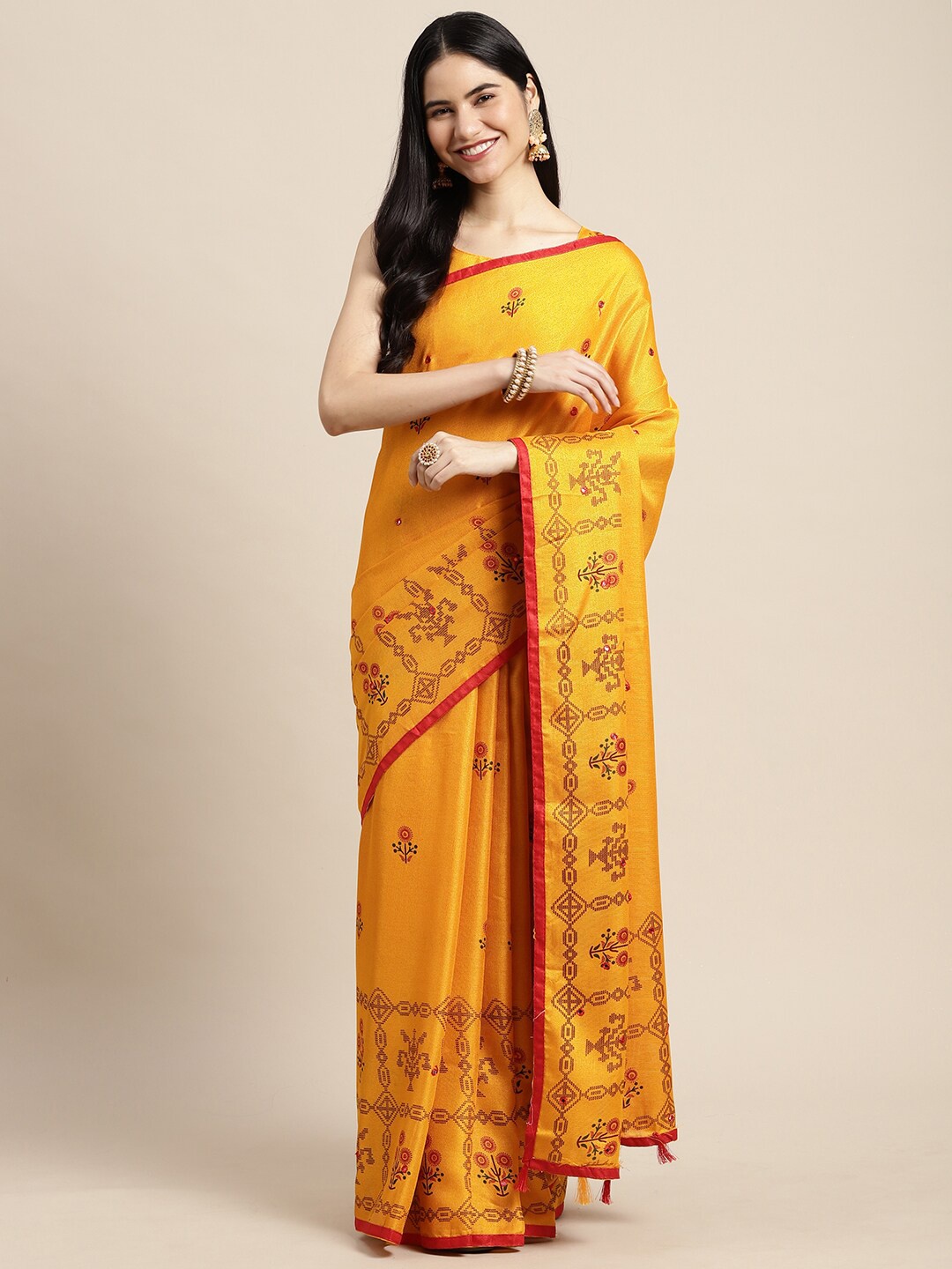 

Saree mall Mustard & Pink Floral Jute Silk Block Print Sarees