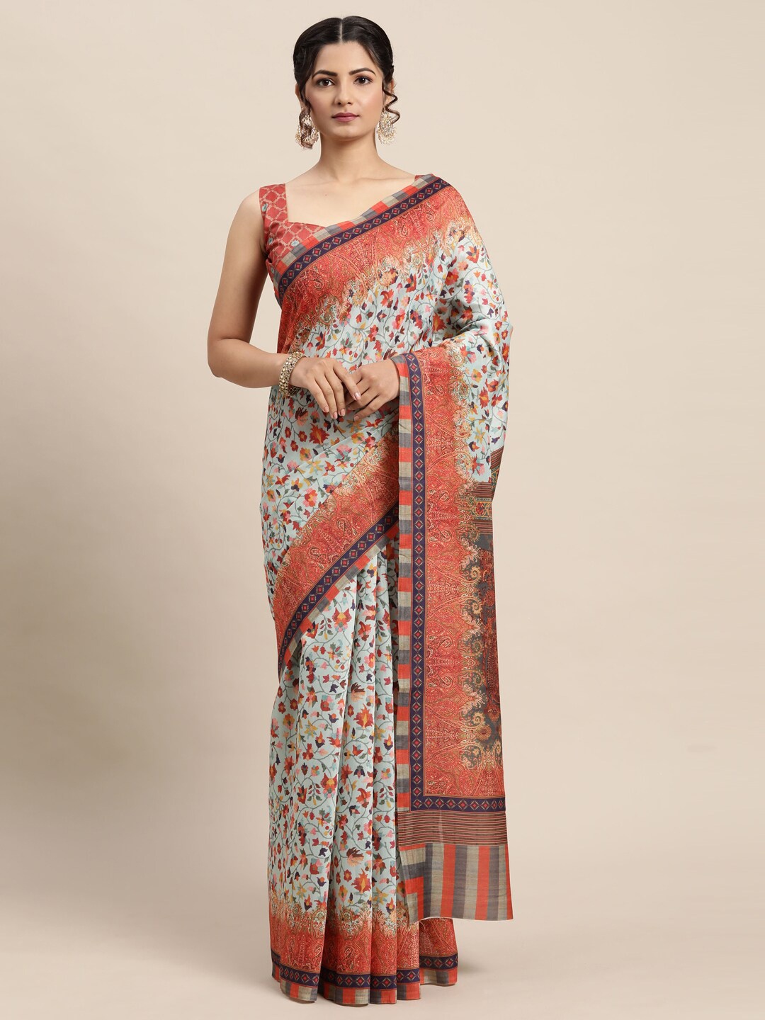 

Saree mall Sea Green & White Floral Pochampally Sarees