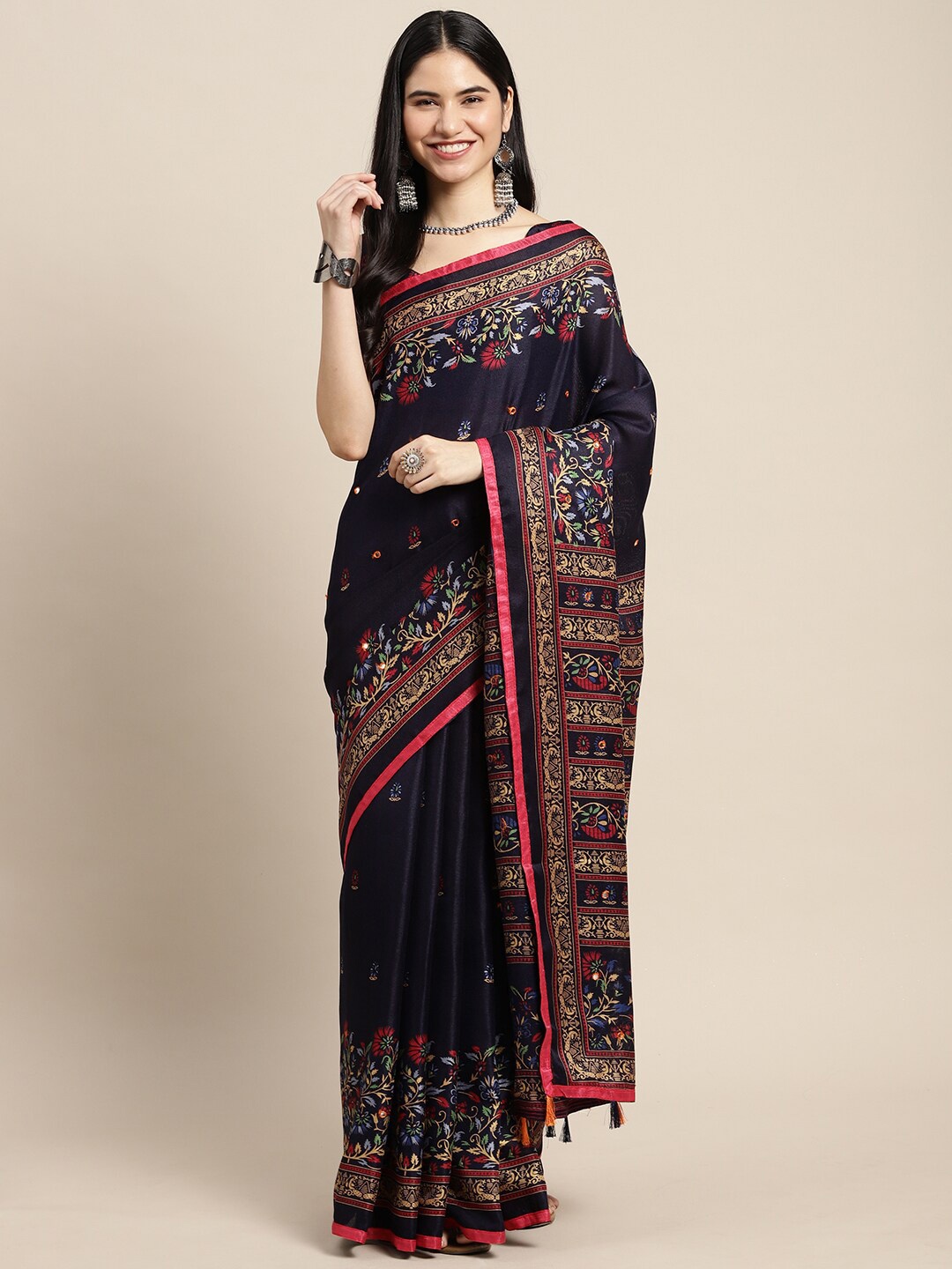 

Saree mall Navy Blue & Pink Floral Jute Silk Block Printed Sarees