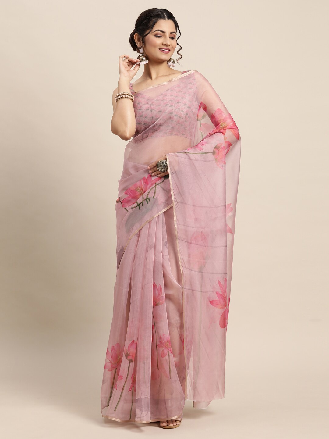 

Saree mall Pink & Green Floral Organza Sarees