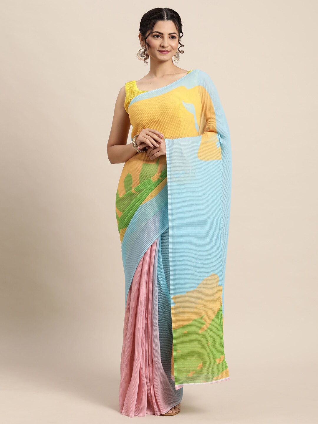 

Saree mall Women Pink & Green Poly Georgette Sarees with Matching Blouse