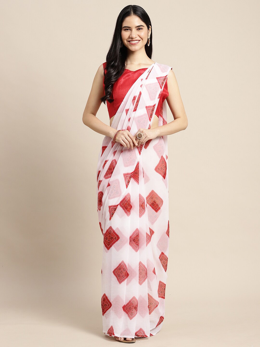 

Saree mall Women White & Red Printed Poly Chiffon Bandhani Saree With Matching Blouse