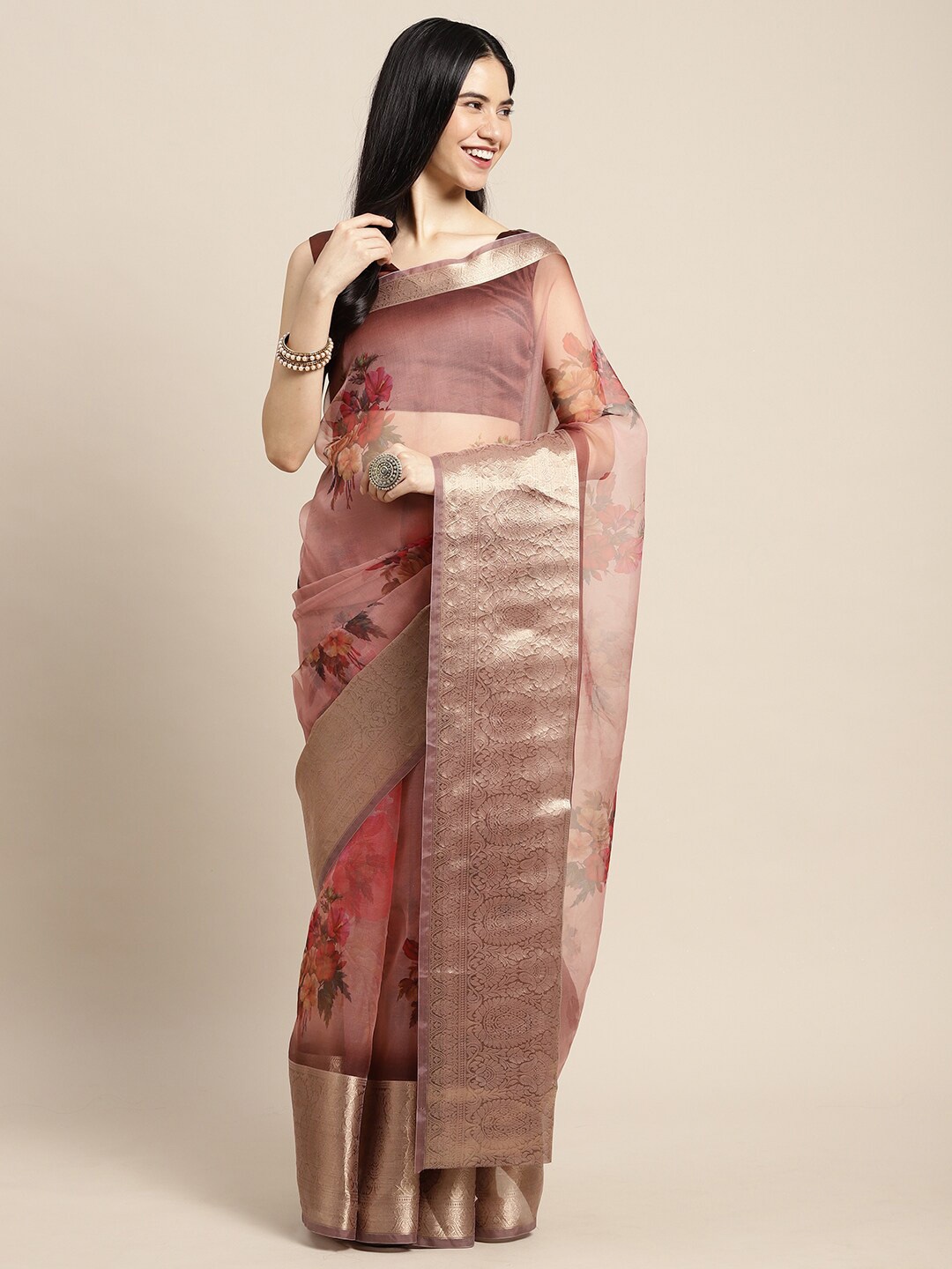 

Saree mall Women Brown & Gold-Toned Floral Zari Organza Block Printed Saree