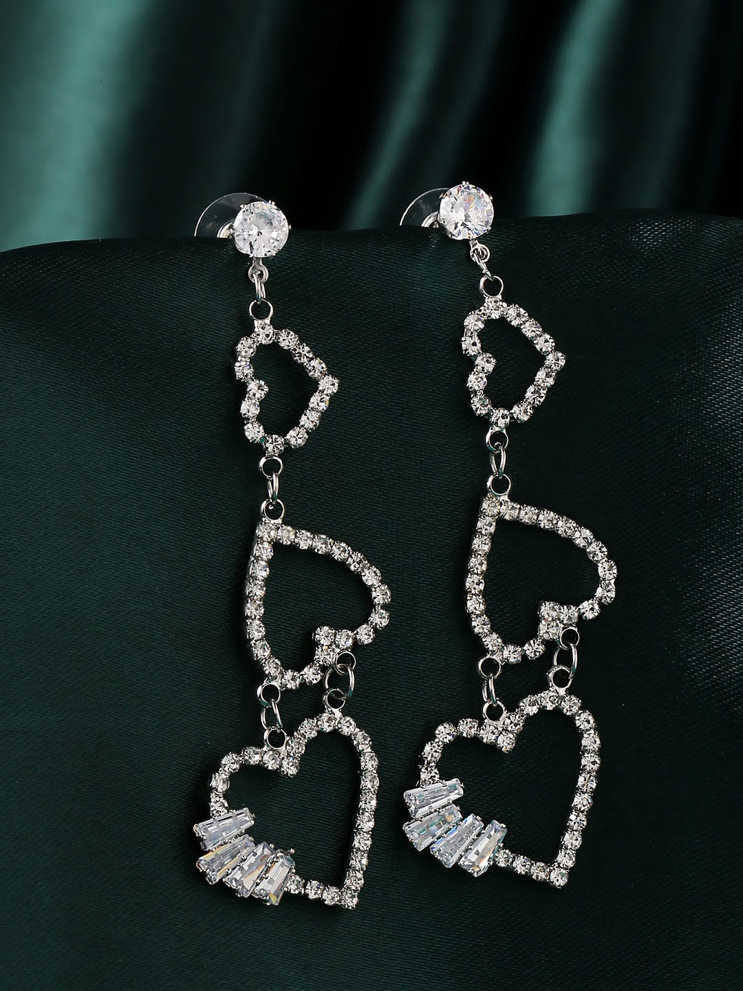 

Yellow Chimes Silver-Toned Sparkling Crystal Studded Open Heart Hanging Drop Earrings