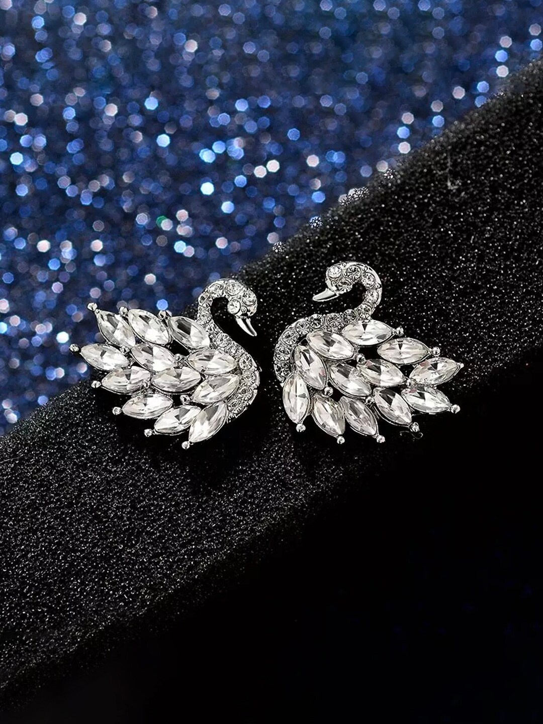 

Yellow Chimes Silver-Toned Crystal Flamingo Bird Shape Studs Earrings