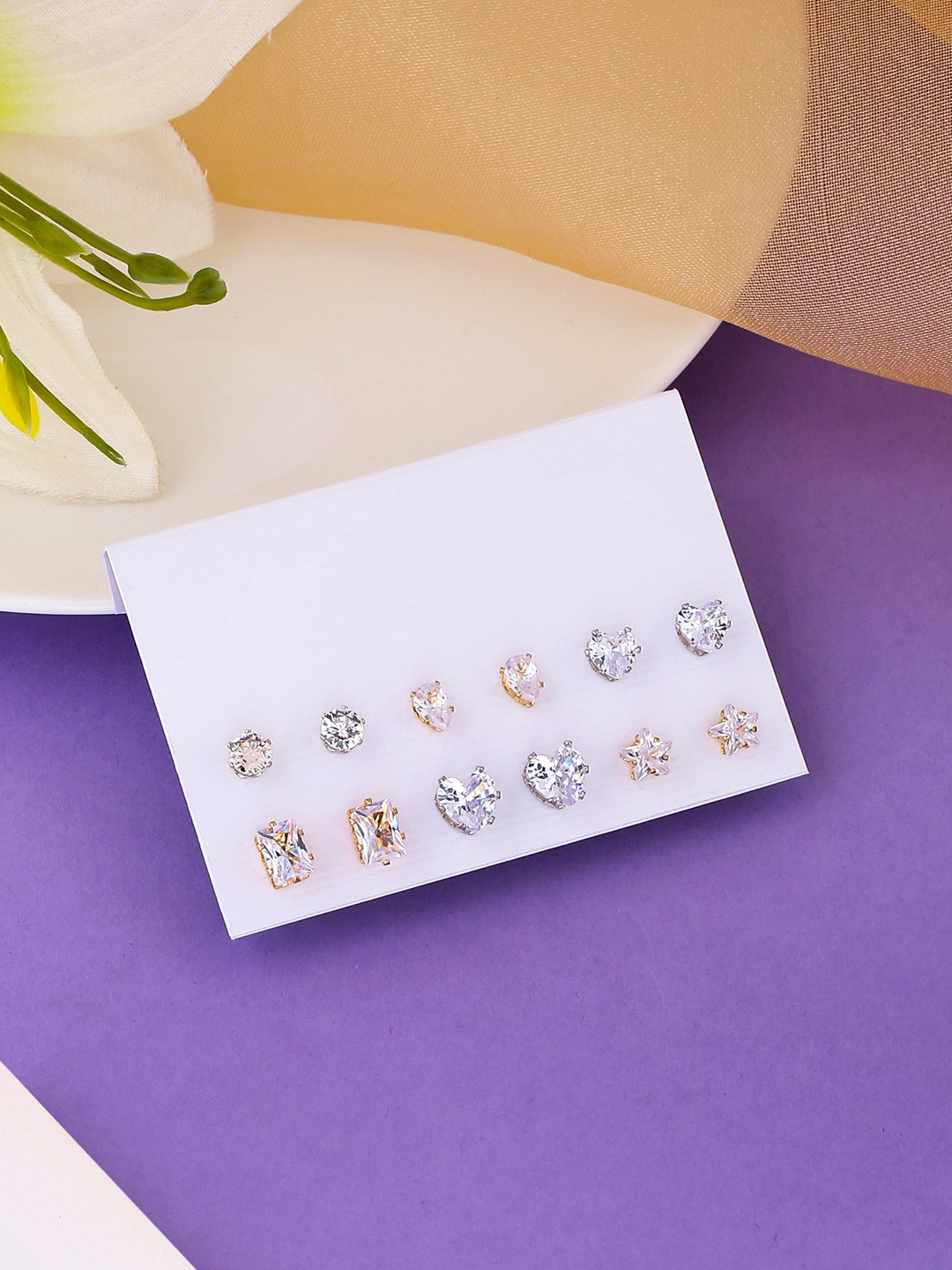 

Yellow Chimes Set Of 6 Silver-Plated & Gold-Plated Contemporary Studs Earrings, White